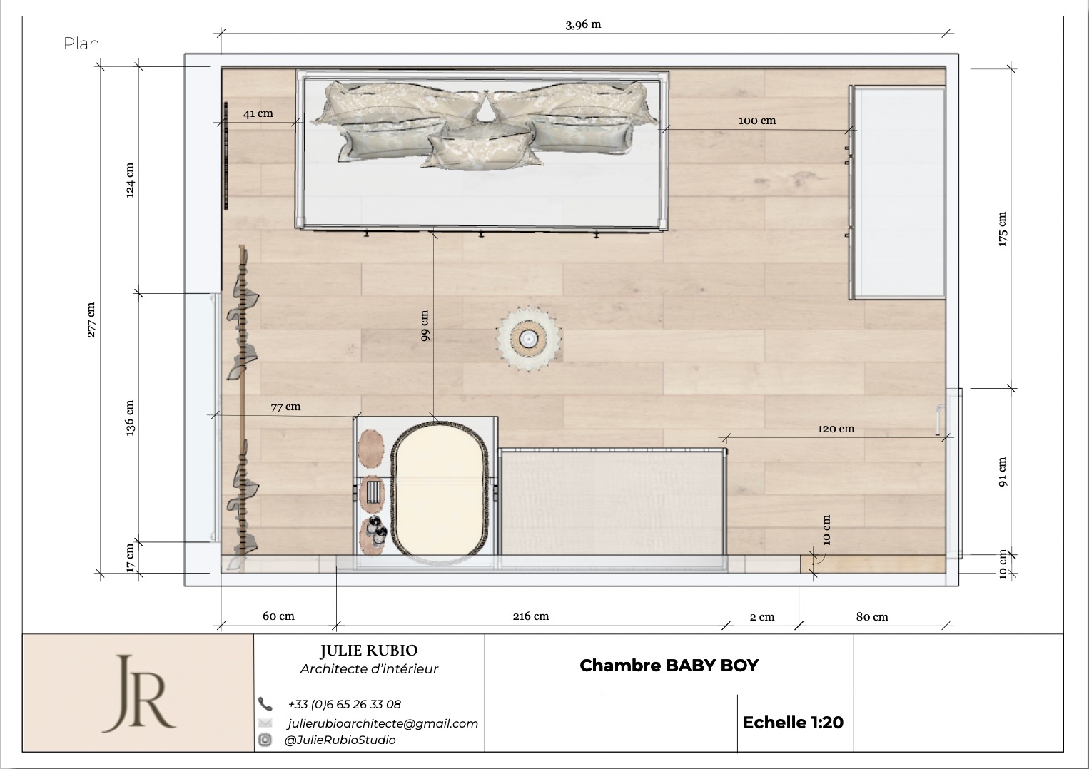 Plan coté de la chambre, implantation du mobilier à l'échelle 1:20.