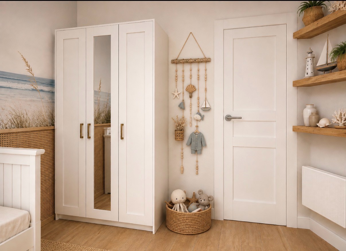 Rendu 3D de l'armoire à miroir et des étagères en bois clair.