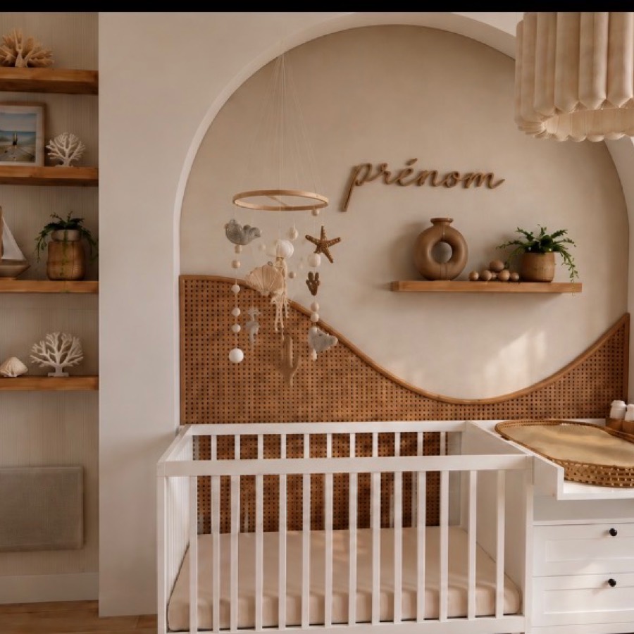 Chambre de bébé avec niche cintrée en cannage, lit à barreaux et étagères garnies d'objets marins.