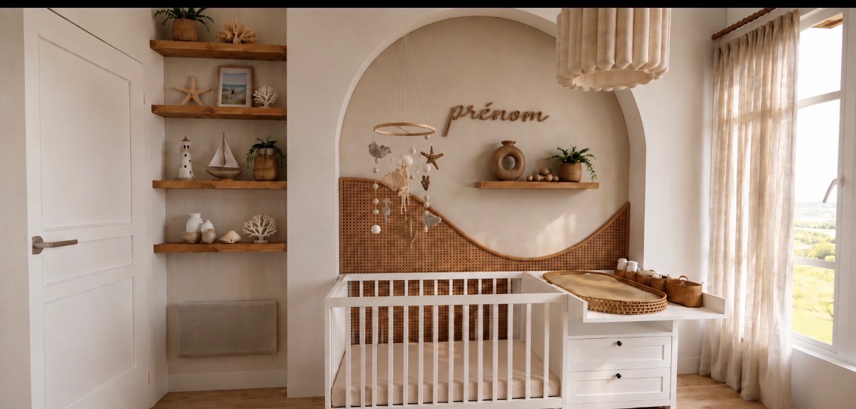Chambre de bébé avec niche cintrée en cannage, lit à barreaux et étagères garnies d'objets marins.