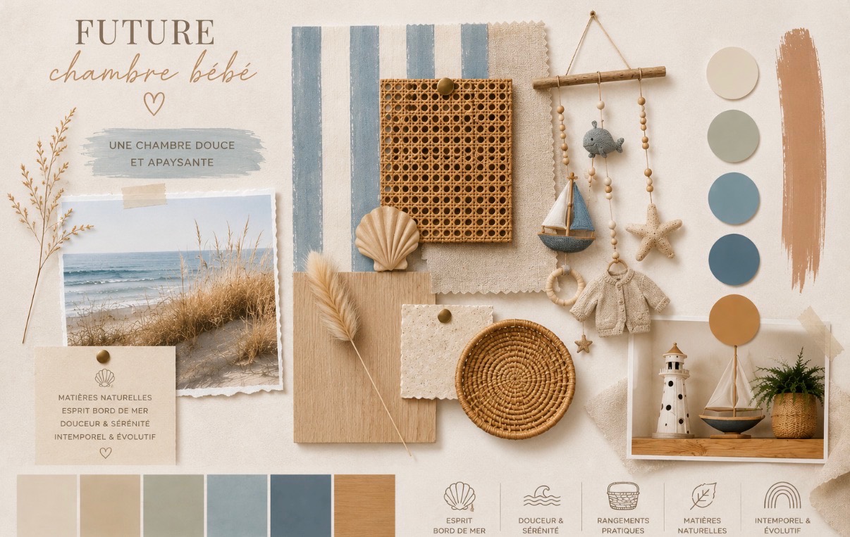 Moodboard du projet : échantillons de cannage, jonc de mer, palette sable et bleu délavé.