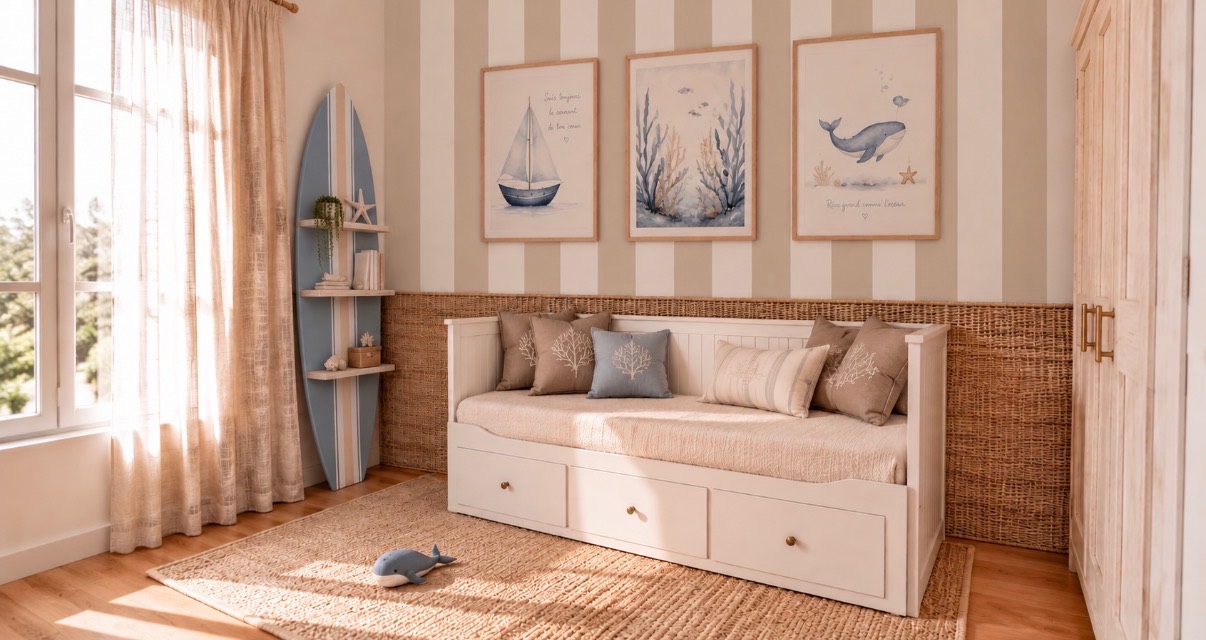 Rendu 3D du mur rayé, banquette et cadres illustrés de voiliers.