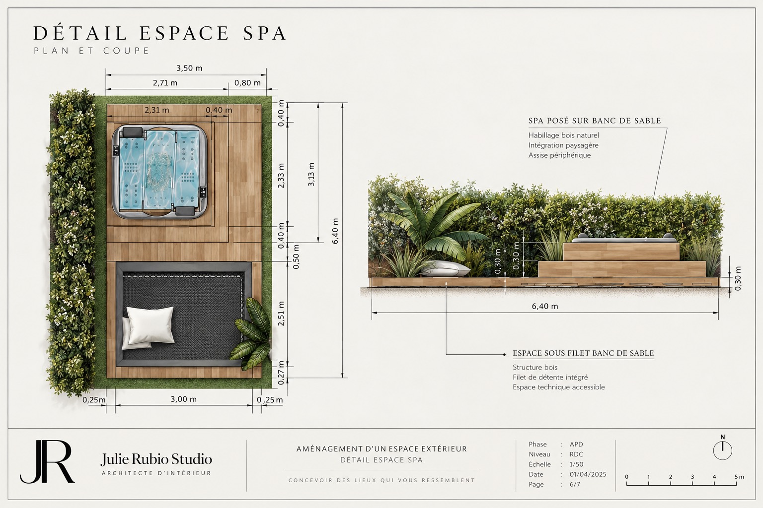 Plan et coupe de l'espace spa, avec cotes et matériaux.