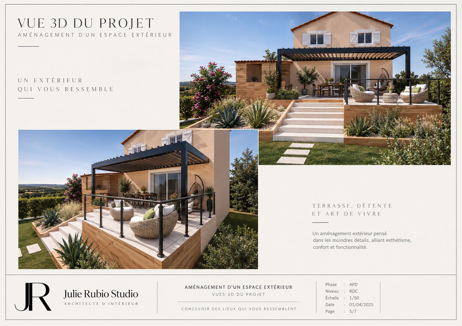 Planche de vues 3D : la terrasse sous sa pergola bioclimatique, vue de face et de côté.