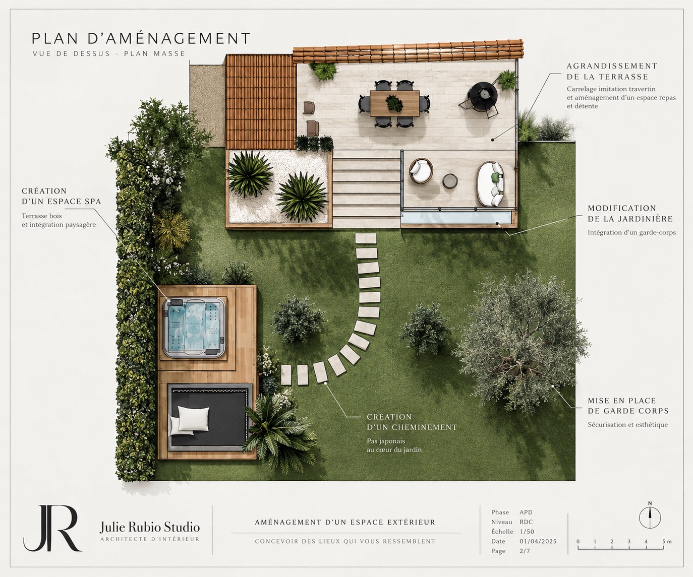 Plan d'aménagement coloré du jardin : terrasse, pas japonais et espace spa.