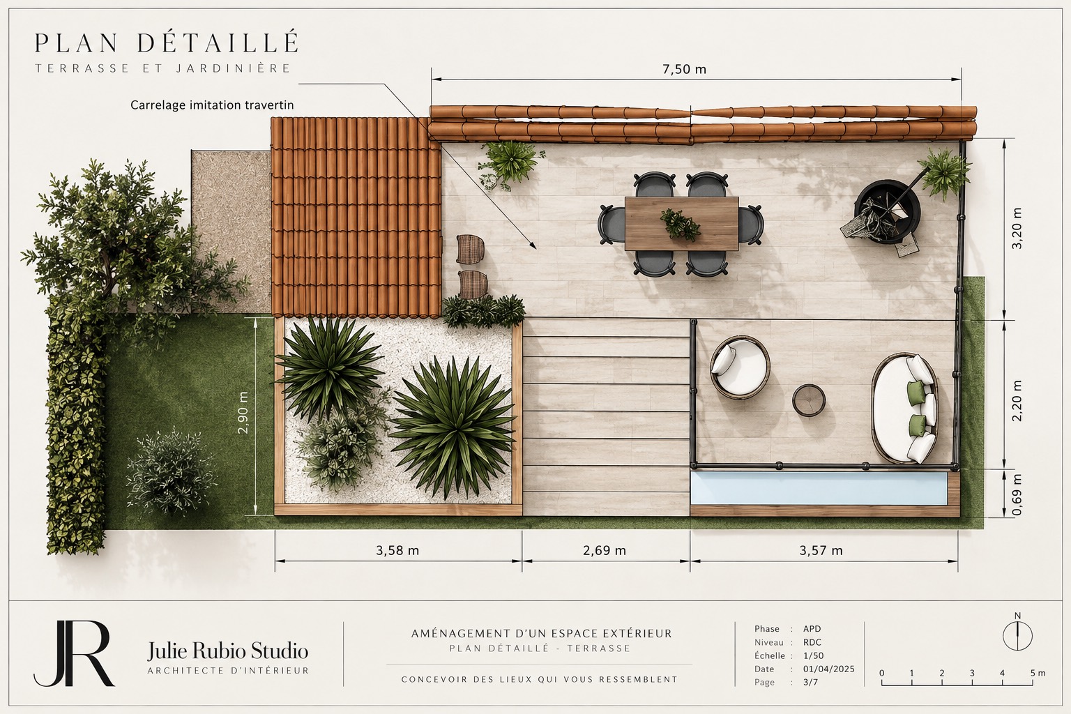 Plan détaillé et coté de la terrasse et des jardinières.