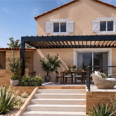 Vue 3D de la façade sud : terrasse élargie sous pergola bioclimatique, escalier en pierre claire et jardinières plantées.