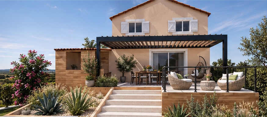 Vue 3D de la façade sud : terrasse élargie sous pergola bioclimatique, escalier en pierre claire et jardinières plantées.