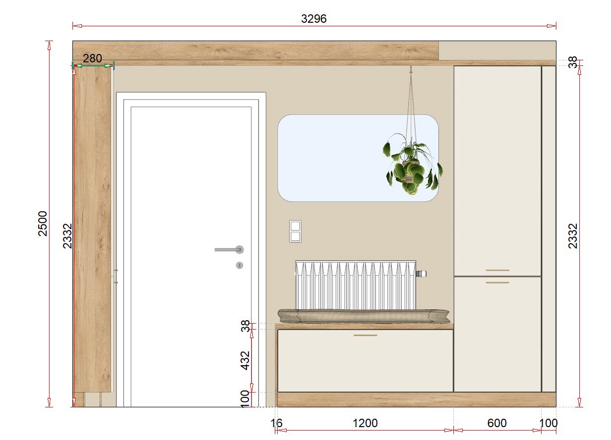 Élévation technique cotée du meuble d'entrée, avec banquette et colonnes.