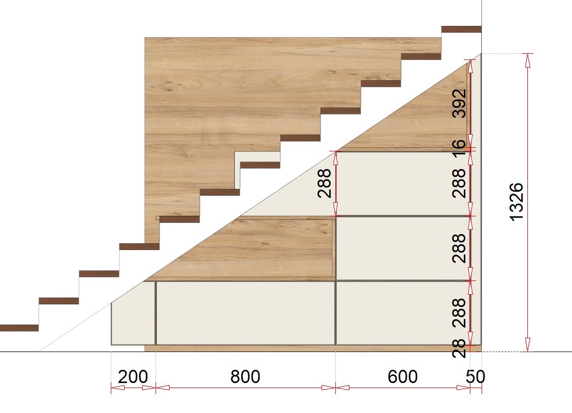 Élévation technique cotée du rangement sous escalier, découpé selon la pente.