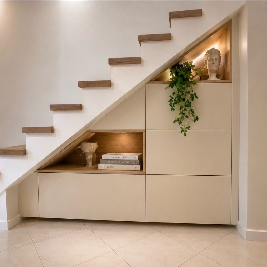 Meuble de rangement sur mesure épousant la pente de l'escalier, tiroirs beiges et niches éclairées.
