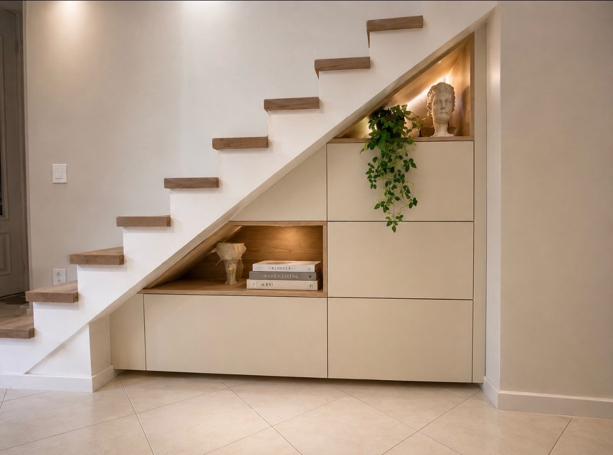 Meuble de rangement sur mesure épousant la pente de l'escalier, tiroirs beiges et niches éclairées.
