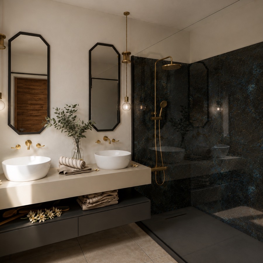 Salle de bain rénovée : double vasque suspendue, miroirs octogonaux et douche en pierre sombre.