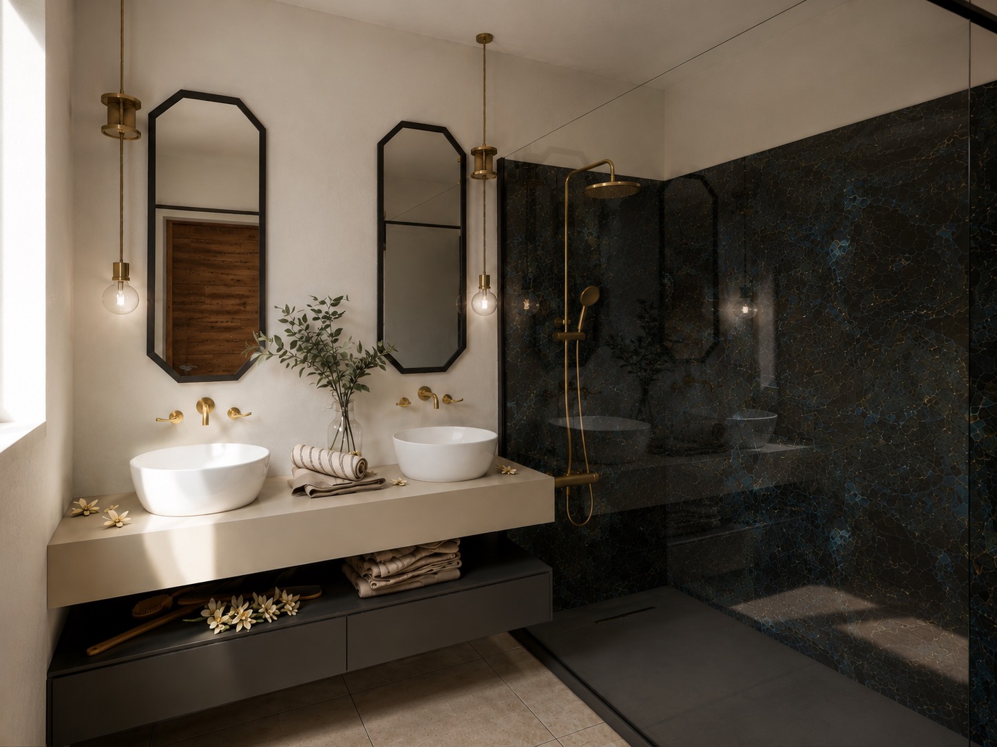 Salle de bain rénovée : double vasque suspendue, miroirs octogonaux et douche en pierre sombre.